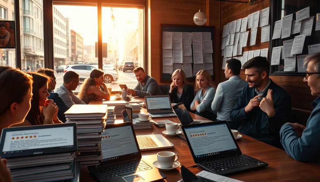 A busy city street, sunlight filtering through the window of a cozy coffee shop. On the tables, stacks of open laptops and smartphones, their screens filled with customer reviews - five-star ratings, detailed comments, and satisfied expressions. The atmosphere is warm and inviting, with the aroma of freshly brewed coffee permeating the air. In the foreground, a group of people engaged in lively discussions, passionately sharing their experiences. The middle ground features a bulletin board covered in printed reviews, a visual testament to the satisfied customers. In the background, the city skyline can be seen through the window, a reminder of the bustling world outside this hub of community and shared feedback. A busy city street, sunlight filtering through the window of a cozy coffee shop. On the tables, stacks of open laptops and smartphones, their screens filled with customer reviews - five-star ratings, detailed comments, and satisfied expressions. The atmosphere is warm and inviting, with the aroma of freshly brewed coffee permeating the air. In the foreground, a group of people engaged in lively discussions, passionately sharing their experiences. The middle ground features a bulletin board covered in printed reviews, a visual testament to the satisfied customers. In the background, the city skyline can be seen through the window, a reminder of the bustling world outside this hub of community and shared feedback.