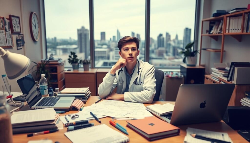 A busy medical student's desk, with textbooks, a laptop, and various medical instruments. In the foreground, a young person in a white coat sits thoughtfully, surrounded by notes and sketches, contemplating an entrepreneurial idea. The room is well-lit, with a warm, focused atmosphere, hinting at the student's drive and creativity. The background features a city skyline, suggesting the broader context of the student's ambitions. The overall scene conveys the intersection of medical studies and entrepreneurial spirit, inspiring a sense of possibility and determination.