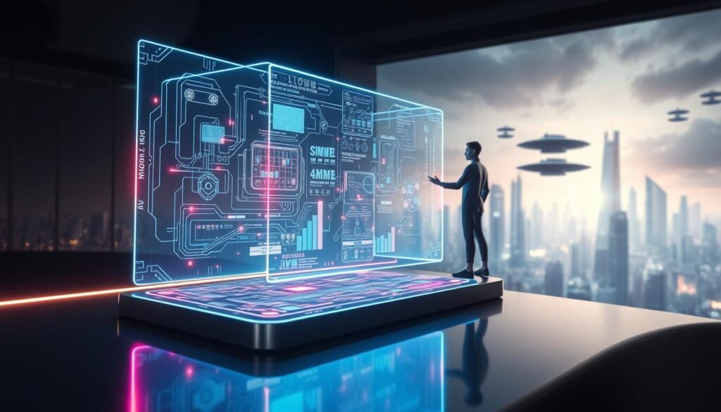 A captivating 3D scene showcasing the future of augmented reality. In the foreground, a holographic interface hovers above a sleek, metallic surface, its intricate digital elements projected in vivid, luminescent hues. In the middle ground, a human figure interacts with the AR display, their movements seamlessly blending the physical and virtual realms. The background depicts a futuristic cityscape, skyscrapers and hovering vehicles rendered in a moody, atmospheric lighting that creates a sense of depth and scale. The overall scene conveys a seamless integration of technology and human experience, a glimpse into the boundless possibilities of augmented reality in 3D illustration. A captivating 3D scene showcasing the future of augmented reality. In the foreground, a holographic interface hovers above a sleek, metallic surface, its intricate digital elements projected in vivid, luminescent hues. In the middle ground, a human figure interacts with the AR display, their movements seamlessly blending the physical and virtual realms. The background depicts a futuristic cityscape, skyscrapers and hovering vehicles rendered in a moody, atmospheric lighting that creates a sense of depth and scale. The overall scene conveys a seamless integration of technology and human experience, a glimpse into the boundless possibilities of augmented reality in 3D illustration.