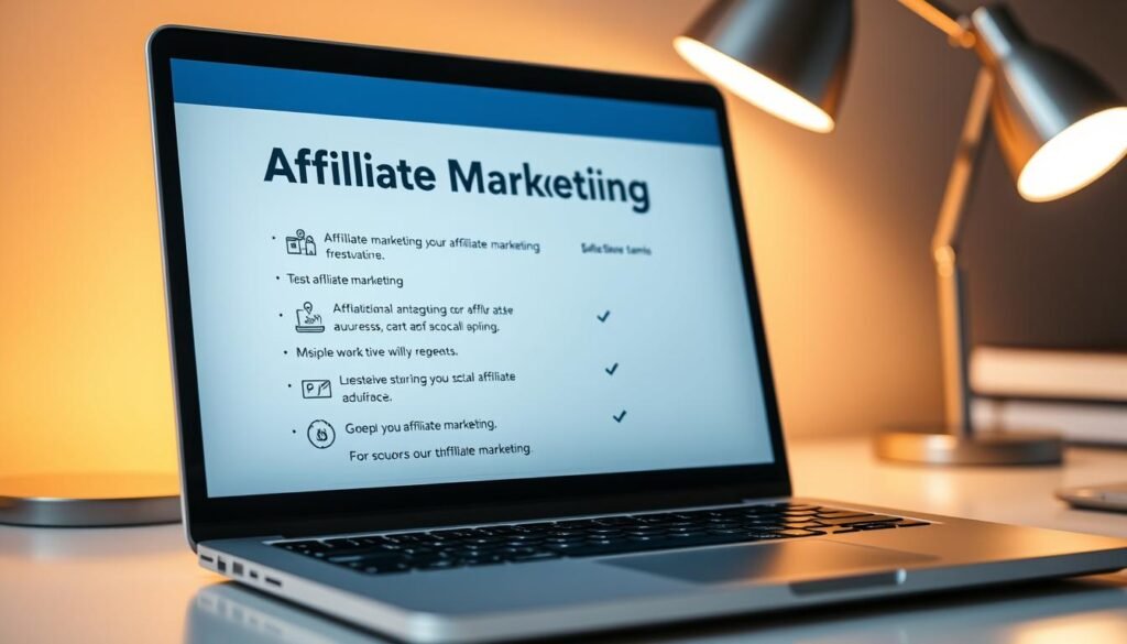A close-up shot of a laptop screen displaying affiliate marketing tips. The screen is well-lit, creating a warm, inviting atmosphere. The background is slightly blurred, keeping the focus on the laptop display. The laptop is positioned on a clean, minimalist desk, with a stylish desk lamp providing additional illumination. The tips are presented in a clear, organized manner, with icons and visuals to enhance the information. The overall mood is one of productivity, professionalism, and the potential for financial success through affiliate marketing.