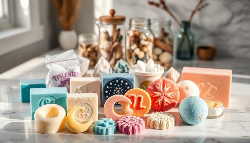 A collection of zodiac-themed bath products arranged artfully on a marble countertop. In the foreground, an array of colorful soaps, bath bombs, and salt scrubs in celestial designs - crescent moons, stars, and zodiac symbols. In the middle ground, glass jars filled with healing crystals and dried botanicals. A diffused, natural light illuminates the scene, casting a soft, ethereal glow. The overall mood is one of calming, cosmic self-care, inviting the viewer to indulge in a luxurious, astrologically-inspired bathing ritual. A collection of zodiac-themed bath products arranged artfully on a marble countertop. In the foreground, an array of colorful soaps, bath bombs, and salt scrubs in celestial designs - crescent moons, stars, and zodiac symbols. In the middle ground, glass jars filled with healing crystals and dried botanicals. A diffused, natural light illuminates the scene, casting a soft, ethereal glow. The overall mood is one of calming, cosmic self-care, inviting the viewer to indulge in a luxurious, astrologically-inspired bathing ritual.
