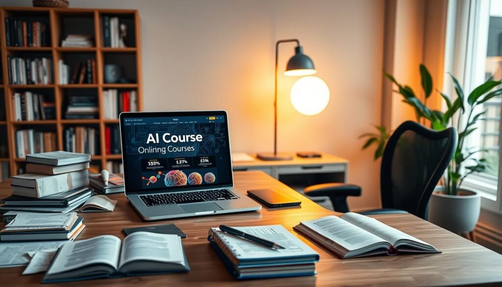 A cozy and inviting home office setup, with a large desk displaying a laptop showcasing an online AI course platform. The foreground features various learning materials like textbooks, notebooks, and pens, creating a productive and studious atmosphere. The middle ground includes a comfortable ergonomic chair and a modern, minimalist lamp providing warm, focused lighting. The background depicts a soothing bookshelf filled with AI-related resources, alongside a potted plant adding a touch of nature. The overall scene conveys a serene and conducive environment for immersive AI online learning and skill development. A cozy and inviting home office setup, with a large desk displaying a laptop showcasing an online AI course platform. The foreground features various learning materials like textbooks, notebooks, and pens, creating a productive and studious atmosphere. The middle ground includes a comfortable ergonomic chair and a modern, minimalist lamp providing warm, focused lighting. The background depicts a soothing bookshelf filled with AI-related resources, alongside a potted plant adding a touch of nature. The overall scene conveys a serene and conducive environment for immersive AI online learning and skill development.