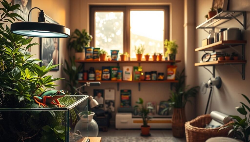 A cozy home interior featuring a well-equipped exotic pet care station. In the foreground, a glass terrarium houses a vibrant tree frog, its brilliant colors popping against the lush, verdant foliage. In the middle ground, various pet supplies are neatly organized on floating shelves - specialized food, misting systems, and a state-of-the-art UV lamp. The background showcases a large window, allowing natural light to flood the space and illuminate the scene with a warm, golden glow. The overall atmosphere is one of tranquility and careful attention to the needs of these unique and captivating creatures.