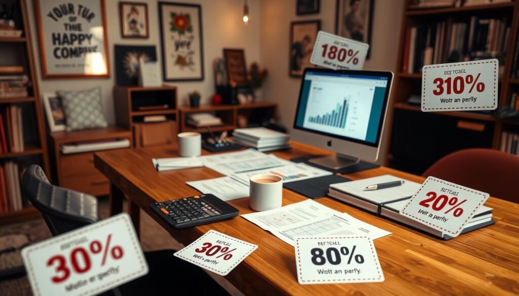 A cozy home office setup with a wooden desk, a laptop, and a cup of coffee. On the desk, a calculator, a stack of papers, and various pricing charts and graphs. The walls are adorned with inspirational artwork and shelves filled with books. Soft, warm lighting bathes the scene, creating a relaxing, productive atmosphere. In the foreground, various discount and promotion labels float, enticing the viewer with tempting offers. The overall scene conveys the thoughtful consideration of pricing strategies for a motion graphics freelancer. A cozy home office setup with a wooden desk, a laptop, and a cup of coffee. On the desk, a calculator, a stack of papers, and various pricing charts and graphs. The walls are adorned with inspirational artwork and shelves filled with books. Soft, warm lighting bathes the scene, creating a relaxing, productive atmosphere. In the foreground, various discount and promotion labels float, enticing the viewer with tempting offers. The overall scene conveys the thoughtful consideration of pricing strategies for a motion graphics freelancer.