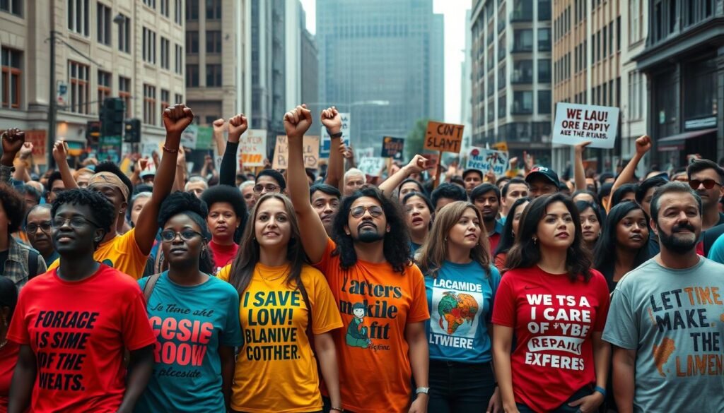 A diverse group of people wearing vibrant, socially conscious t-shirts standing together in a dynamic protest scene. The shirts feature bold, inclusive designs representing various social causes and marginalized communities. The foreground captures the lively energy of the demonstration, with participants raising their fists and chanting slogans. The middle ground showcases the crowd's diversity, with individuals of different ages, ethnicities, and backgrounds united in their activism. The background setting is a city street, with towering buildings and a hazy, atmospheric lighting that lends a sense of urgency and purpose to the scene. A diverse group of people wearing vibrant, socially conscious t-shirts standing together in a dynamic protest scene. The shirts feature bold, inclusive designs representing various social causes and marginalized communities. The foreground captures the lively energy of the demonstration, with participants raising their fists and chanting slogans. The middle ground showcases the crowd's diversity, with individuals of different ages, ethnicities, and backgrounds united in their activism. The background setting is a city street, with towering buildings and a hazy, atmospheric lighting that lends a sense of urgency and purpose to the scene.