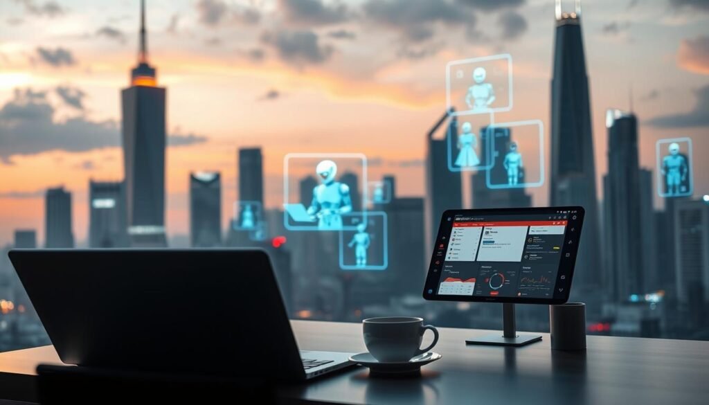 A futuristic cityscape at dusk, with towering skyscrapers and neon-lit holograms depicting AI chatbots engaging in various tasks. In the foreground, a sleek, minimalist workstation with a laptop, a cup of coffee, and a smart device displaying customizable ChatGPT-powered automation dashboards. The lighting is a mix of warm, ambient tones and cool, technological accents, creating an atmosphere of innovation and passive income potential. The scene conveys a sense of effortless productivity and the seamless integration of advanced AI technology into everyday life.