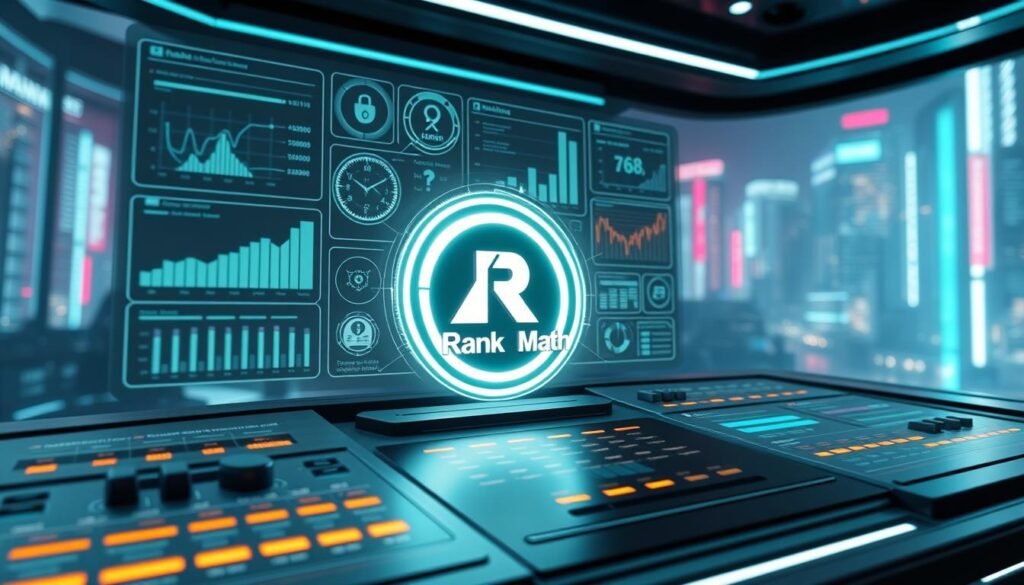 A futuristic control panel with a glowing Rank Math logo, surrounded by a holographic display showcasing various AI-powered analytics and optimization tools. In the foreground, an advanced interface with sliders, toggles, and dynamic visualizations, hinting at the powerful capabilities of the Rank Math Content AI system. The middle ground features a sleek, minimalist design with clean lines and a darkened palette, evoking a sense of technological sophistication. The background is filled with a hazy, neon-tinged cityscape, suggesting the integration of this AI-driven solution into a larger digital ecosystem. Dramatic lighting, depth of field, and a cinematic camera angle create an immersive, high-tech atmosphere.