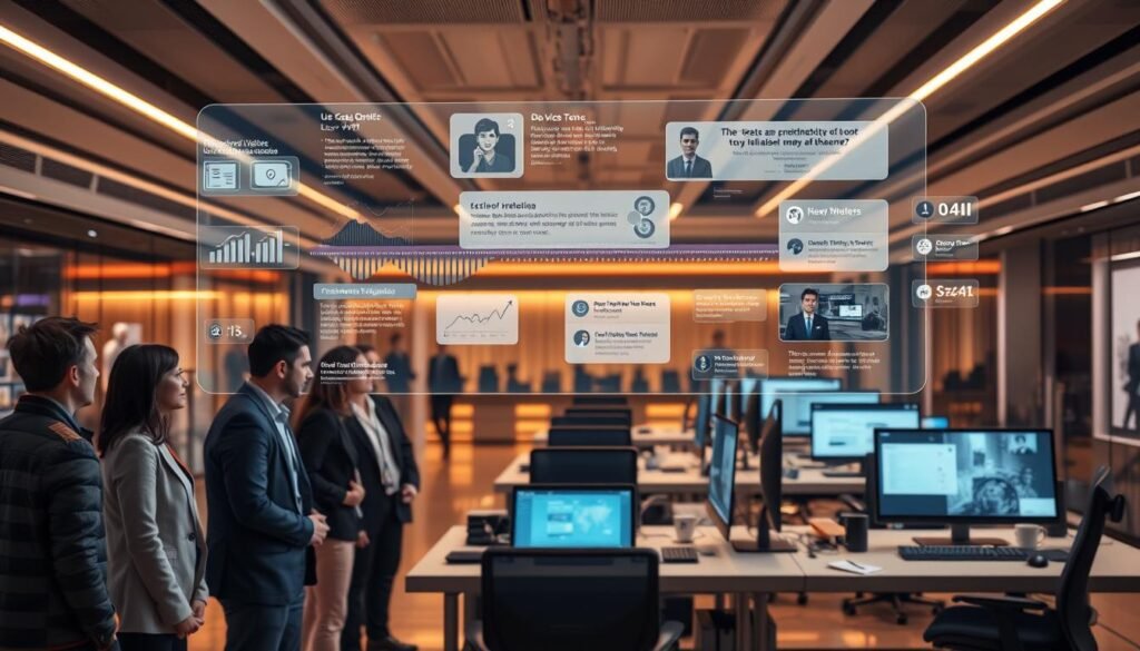 A futuristic office setting with a sleek, modern interior. In the foreground, a group of professionals intently studying a large, holographic display showcasing various use case scenarios for dovideo.ai. Detailed data visualizations, interactive timelines, and customer testimonials float in the air, illuminating the potential of this AI-powered video creation platform. The middle ground features an array of cutting-edge devices and workstations, suggesting the seamless integration of dovideo.ai into a tech-savvy business environment. The background is bathed in a warm, ambient lighting that creates a sense of productivity and innovation. The overall scene conveys the versatility and transformative power of dovideo.ai, inspiring the viewer to consider its diverse applications for their own enterprise.