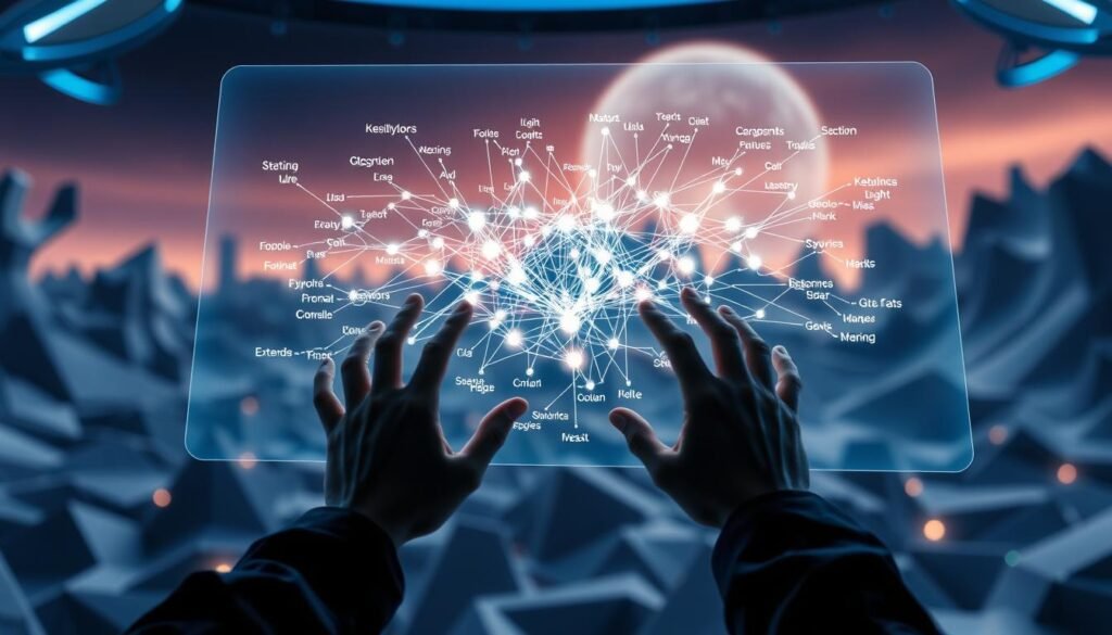 ai keyword tools A futuristic visualization of semantic clustering, showcasing the inner workings of Google's Keyword Planner AI. In the foreground, a sleek, holographic interface displays a dynamic network of interconnected keywords, their relationships visualized as glowing strands of data. The middle ground features a trio of data scientists, their hands effortlessly manipulating the cluster with smooth, gestural controls, surrounded by a halo of ambient blue lighting. In the background, a vast, three-dimensional landscape of abstract, geometric shapes and forms serves as a backdrop, suggesting the depth and complexity of the underlying algorithms. The scene conveys a sense of advanced, cutting-edge technology, blending form and function to create a captivating, immersive experience.