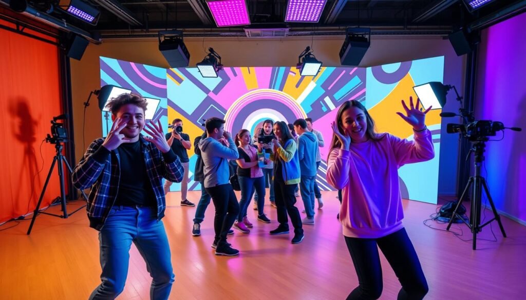 A lively TikTok collaboration scene in a vibrant, well-lit studio. In the foreground, two influencers energetically dance and gesture, creating engaging content for their audience. Behind them, a colorful backdrop features a dynamic mix of trending visual elements - geometric patterns, neon accents, and abstract animations. The middle ground showcases a diverse group of content creators collaborating, sharing ideas, and filming each other. In the background, technical equipment like cameras, lights, and microphones suggest a professional production setup. The overall atmosphere is upbeat, youthful, and immersive, capturing the collaborative nature of the TikTok community. A lively TikTok collaboration scene in a vibrant, well-lit studio. In the foreground, two influencers energetically dance and gesture, creating engaging content for their audience. Behind them, a colorful backdrop features a dynamic mix of trending visual elements - geometric patterns, neon accents, and abstract animations. The middle ground showcases a diverse group of content creators collaborating, sharing ideas, and filming each other. In the background, technical equipment like cameras, lights, and microphones suggest a professional production setup. The overall atmosphere is upbeat, youthful, and immersive, capturing the collaborative nature of the TikTok community.