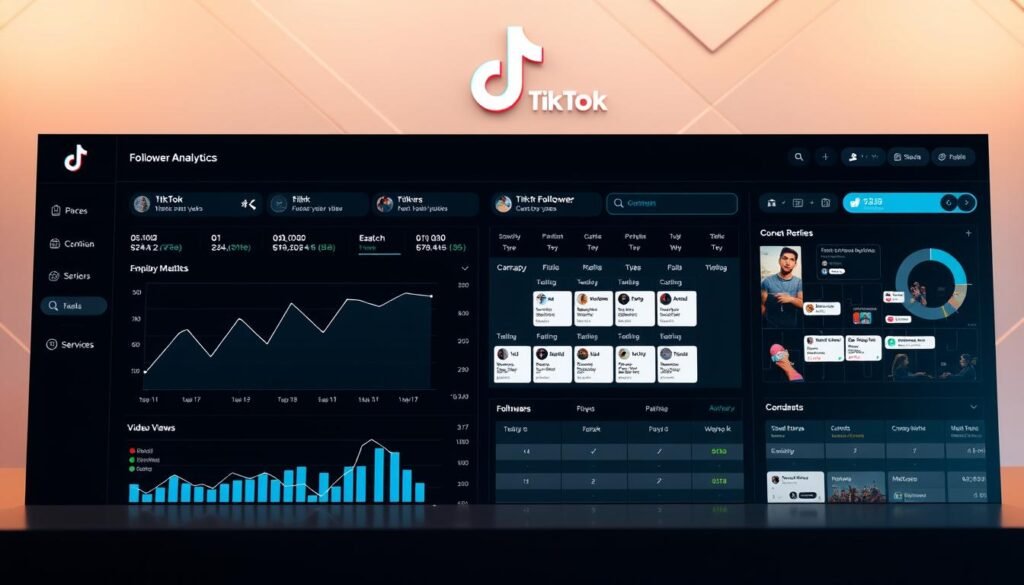 A meticulously designed dashboard displaying a wealth of TikTok performance analytics on a sleek, dark-themed interface. The foreground features a line graph charting follower growth over time, accompanied by customizable widgets showcasing key metrics such as engagement rates, video views, and content performance. The middle ground showcases a comprehensive content calendar, allowing for strategic planning and optimization. In the background, a stylized TikTok logo and subtle geometric patterns create a sense of depth and technological sophistication. Soft, warm lighting accentuates the clean, minimalist aesthetic, evoking a professional, data-driven atmosphere conducive to continuous growth and improvement. A meticulously designed dashboard displaying a wealth of TikTok performance analytics on a sleek, dark-themed interface. The foreground features a line graph charting follower growth over time, accompanied by customizable widgets showcasing key metrics such as engagement rates, video views, and content performance. The middle ground showcases a comprehensive content calendar, allowing for strategic planning and optimization. In the background, a stylized TikTok logo and subtle geometric patterns create a sense of depth and technological sophistication. Soft, warm lighting accentuates the clean, minimalist aesthetic, evoking a professional, data-driven atmosphere conducive to continuous growth and improvement.