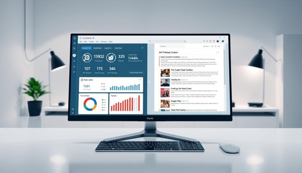 A modern, intuitive Rank Math Content AI interface on a sleek desktop setup. In the foreground, a clean UI with intuitive controls and data visualizations, showcasing key content performance metrics. The middle ground features a large, high-resolution content preview pane, allowing users to examine their content in detail. In the background, a minimalist workspace with subtle lighting and a streamlined layout, creating a professional, productivity-focused atmosphere. The interface radiates a sense of power and intelligence, reflecting the AI-driven capabilities of the Rank Math Content AI system.