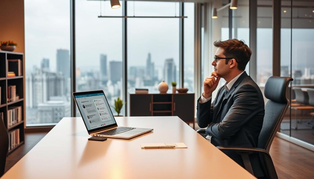 A modern office setting with a large, sleek desk and an ergonomic chair. On the desk, a laptop displays the ChatGPT interface, showcasing its conversational abilities. In the foreground, a business person sits thoughtfully, contemplating how to leverage ChatGPT's natural language processing and knowledge base to build innovative revenue-generating services. The middle ground features shelves with books and reference materials, hinting at the research and development process. The background is bathed in warm, focused lighting, creating a productive and aspirational atmosphere, with a large window overlooking a bustling cityscape, suggesting the potential for growth and expansion. A modern office setting with a large, sleek desk and an ergonomic chair. On the desk, a laptop displays the ChatGPT interface, showcasing its conversational abilities. In the foreground, a business person sits thoughtfully, contemplating how to leverage ChatGPT's natural language processing and knowledge base to build innovative revenue-generating services. The middle ground features shelves with books and reference materials, hinting at the research and development process. The background is bathed in warm, focused lighting, creating a productive and aspirational atmosphere, with a large window overlooking a bustling cityscape, suggesting the potential for growth and expansion.