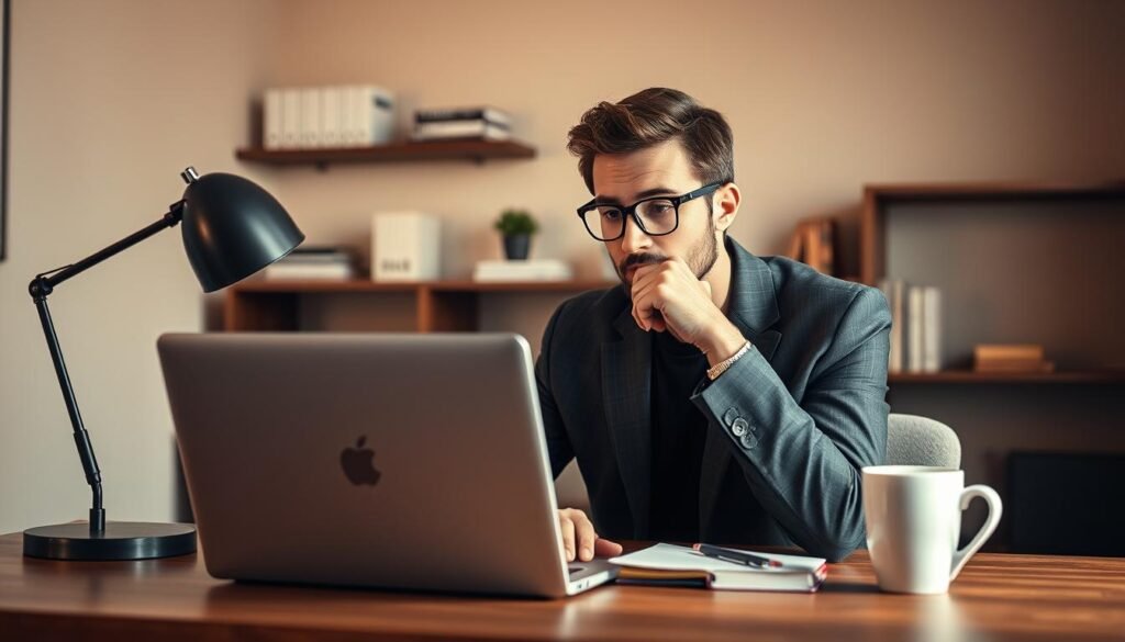 A professional, thoughtful-looking person sitting at a desk, intently focused on a laptop computer, representing the concept of "ChatGPT Freelance Writing". The desk is well-organized, with a stylish lamp, a notepad, and a cup of coffee. The background features a modern, minimalist office setting, with neutral-toned walls and shelves displaying relevant books and decor. The lighting is warm and directional, creating depth and highlighting the subject's face and workspace. The overall mood is one of productivity, concentration, and the potential for earning income through freelance writing using ChatGPT. A professional, thoughtful-looking person sitting at a desk, intently focused on a laptop computer, representing the concept of "ChatGPT Freelance Writing". The desk is well-organized, with a stylish lamp, a notepad, and a cup of coffee. The background features a modern, minimalist office setting, with neutral-toned walls and shelves displaying relevant books and decor. The lighting is warm and directional, creating depth and highlighting the subject's face and workspace. The overall mood is one of productivity, concentration, and the potential for earning income through freelance writing using ChatGPT.