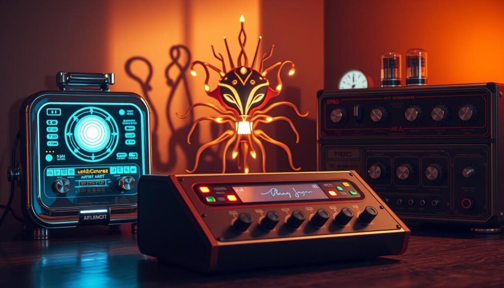 A retro-futuristic scene of three AI art generators, each with a distinct visual style and interface. In the foreground, a sleek, chrome-plated generator with holographic controls and a glowing central display. In the middle ground, a more organic, biomorphic generator with pulsing lights and a mystical, alien-like aesthetic. In the background, a vintage-inspired generator with analog dials, vacuum tubes, and a warm, amber-tinted glow. Soft, directional lighting casts dramatic shadows, creating a sense of depth and drama. The scene has an atmospheric, retrofuturistic ambiance, suggesting the power and potential of these advanced creative tools. A retro-futuristic scene of three AI art generators, each with a distinct visual style and interface. In the foreground, a sleek, chrome-plated generator with holographic controls and a glowing central display. In the middle ground, a more organic, biomorphic generator with pulsing lights and a mystical, alien-like aesthetic. In the background, a vintage-inspired generator with analog dials, vacuum tubes, and a warm, amber-tinted glow. Soft, directional lighting casts dramatic shadows, creating a sense of depth and drama. The scene has an atmospheric, retrofuturistic ambiance, suggesting the power and potential of these advanced creative tools.