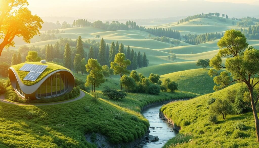 A serene, eco-friendly 3D landscape showcasing sustainable design elements. In the foreground, a modern, organic-shaped building with a green roof and solar panels blend seamlessly into the natural surroundings. The middle ground features a lush, verdant forest with towering trees and a meandering stream. In the background, rolling hills dotted with wildflowers create a tranquil, pastoral scene. Warm, diffused sunlight filters through the canopy, casting a soft, natural glow. The overall composition conveys a sense of harmony between human-made structures and the environment, promoting a vision of sustainable, nature-inspired design. A serene, eco-friendly 3D landscape showcasing sustainable design elements. In the foreground, a modern, organic-shaped building with a green roof and solar panels blend seamlessly into the natural surroundings. The middle ground features a lush, verdant forest with towering trees and a meandering stream. In the background, rolling hills dotted with wildflowers create a tranquil, pastoral scene. Warm, diffused sunlight filters through the canopy, casting a soft, natural glow. The overall composition conveys a sense of harmony between human-made structures and the environment, promoting a vision of sustainable, nature-inspired design.
