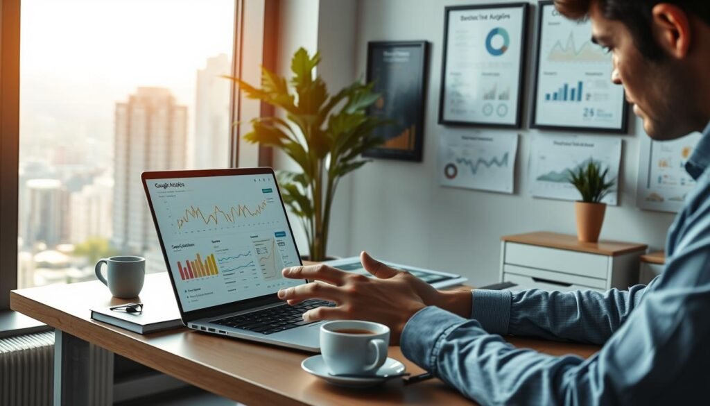 A serene office scene, bathed in soft, warm lighting from a large window overlooking a bustling cityscape. On the desk, a sleek laptop displays Google Analytics data, surrounded by carefully arranged stationery and a mug of steaming coffee. The user's hands gesticulate as they analyze the traffic metrics, brow furrowed in concentration. The walls are lined with framed infographics and visualizations, providing insights into search engine optimization and online audience engagement. An aura of focus and productivity permeates the space, hinting at the diligent efforts to optimize the website's performance and Google AI visibility. A serene office scene, bathed in soft, warm lighting from a large window overlooking a bustling cityscape. On the desk, a sleek laptop displays Google Analytics data, surrounded by carefully arranged stationery and a mug of steaming coffee. The user's hands gesticulate as they analyze the traffic metrics, brow furrowed in concentration. The walls are lined with framed infographics and visualizations, providing insights into search engine optimization and online audience engagement. An aura of focus and productivity permeates the space, hinting at the diligent efforts to optimize the website's performance and Google AI visibility.