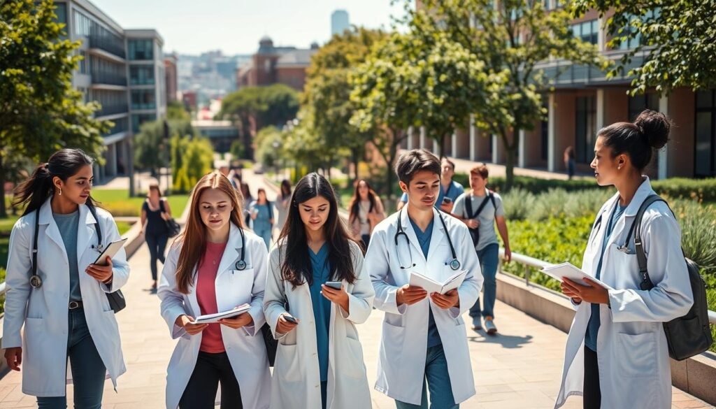 A serene university campus on a sunny day, with students hurrying between classes and part-time jobs. In the foreground, a group of medical students in white coats and scrubs, reviewing notes and discussing shifts at local clinics and hospitals. In the middle ground, other students work at a coffee shop, tutoring center, and administrative offices, balancing their studies with flexible, income-boosting roles. The background features modern academic buildings, lush greenery, and a hint of the bustling city beyond, conveying the vibrant, dynamic atmosphere of student life. Warm, natural lighting, a shallow depth of field, and a composition that draws the eye to the hardworking medical students.