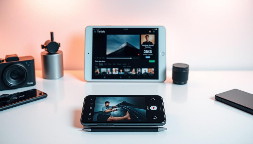 A sleek and minimalist workspace with an array of TikTok's creative tools neatly arranged. In the foreground, a smartphone and a stylus stand prominently, ready for video capture and editing. In the middle ground, a tablet displays a TikTok video editing interface, its intuitive controls and filters beckoning the user. The background features a clean, white surface, accentuated by warm, diffused lighting that creates a professional, yet inviting atmosphere. The overall composition conveys the versatility and power of TikTok's creative arsenal, inspiring users to unleash their video-making potential. A sleek and minimalist workspace with an array of TikTok's creative tools neatly arranged. In the foreground, a smartphone and a stylus stand prominently, ready for video capture and editing. In the middle ground, a tablet displays a TikTok video editing interface, its intuitive controls and filters beckoning the user. The background features a clean, white surface, accentuated by warm, diffused lighting that creates a professional, yet inviting atmosphere. The overall composition conveys the versatility and power of TikTok's creative arsenal, inspiring users to unleash their video-making potential.