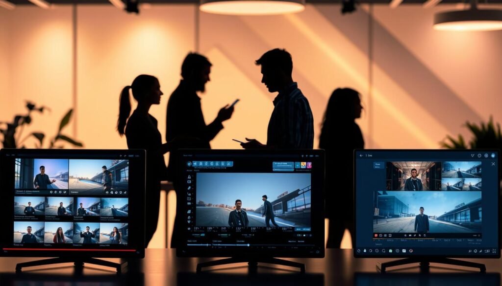A sleek and modern comparison of cutting-edge AI video creation tools, showcased against a backdrop of a stylish, minimalist workspace. In the foreground, various video thumbnails and application interfaces are displayed, highlighting the distinctive features and capabilities of each tool. The middle ground features silhouettes of professionals effortlessly navigating the intuitive user interfaces, while the background depicts a softly-lit, tech-inspired environment, complete with subtle geometric patterns and a warm, inviting color palette. The overall composition conveys a sense of efficiency, innovation, and the seamless integration of AI-powered video creation into the modern business landscape.