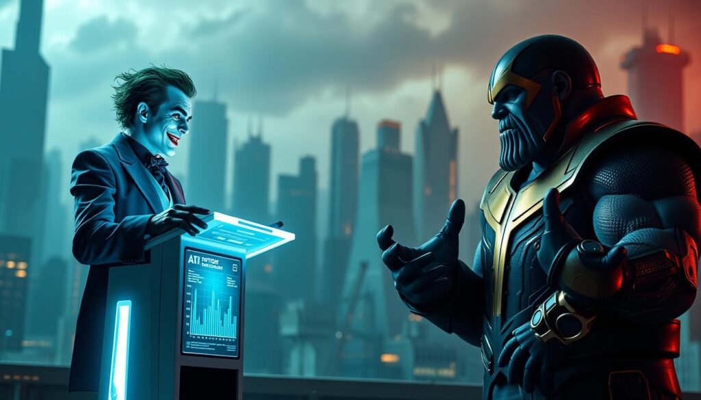 A sleek, futuristic AI debate generator stands in the foreground, its holographic interface glowing with data visualizations. In the middle ground, two larger-than-life characters - the mischievous Joker and the powerful Thanos - engage in a heated debate, their expressions and gestures conveying the intensity of their disagreement. The background is a stylized, dystopian cityscape, bathed in ominous, moody lighting that lends an air of high stakes and drama to the scene. The overall atmosphere is one of high-tech confrontation, where the clash of sharp intellects and strong-willed personalities takes center stage. A sleek, futuristic AI debate generator stands in the foreground, its holographic interface glowing with data visualizations. In the middle ground, two larger-than-life characters - the mischievous Joker and the powerful Thanos - engage in a heated debate, their expressions and gestures conveying the intensity of their disagreement. The background is a stylized, dystopian cityscape, bathed in ominous, moody lighting that lends an air of high stakes and drama to the scene. The overall atmosphere is one of high-tech confrontation, where the clash of sharp intellects and strong-willed personalities takes center stage.