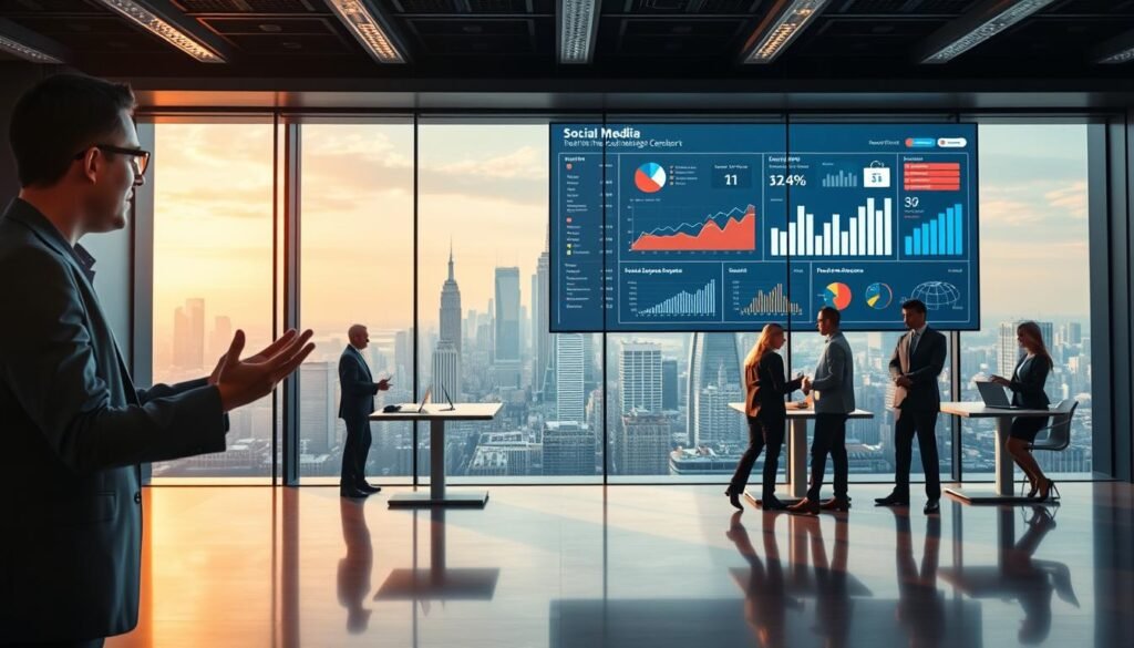A sleek, modern office interior with a large wall-mounted display showcasing real-time social media analytics. In the foreground, a person in business attire intently monitoring the dashboard, fingers dancing across a touchscreen interface. The middle ground features a team of professionals collaborating at standing desks, engaged in animated discussions. The background depicts a panoramic view of a bustling city skyline, conveying the dynamic, fast-paced nature of social media management. Warm, directional lighting illuminates the scene, creating a sense of professionalism and efficiency. The overall mood is one of technological sophistication, data-driven decision making, and collaborative productivity. A sleek, modern office interior with a large wall-mounted display showcasing real-time social media analytics. In the foreground, a person in business attire intently monitoring the dashboard, fingers dancing across a touchscreen interface. The middle ground features a team of professionals collaborating at standing desks, engaged in animated discussions. The background depicts a panoramic view of a bustling city skyline, conveying the dynamic, fast-paced nature of social media management. Warm, directional lighting illuminates the scene, creating a sense of professionalism and efficiency. The overall mood is one of technological sophistication, data-driven decision making, and collaborative productivity.