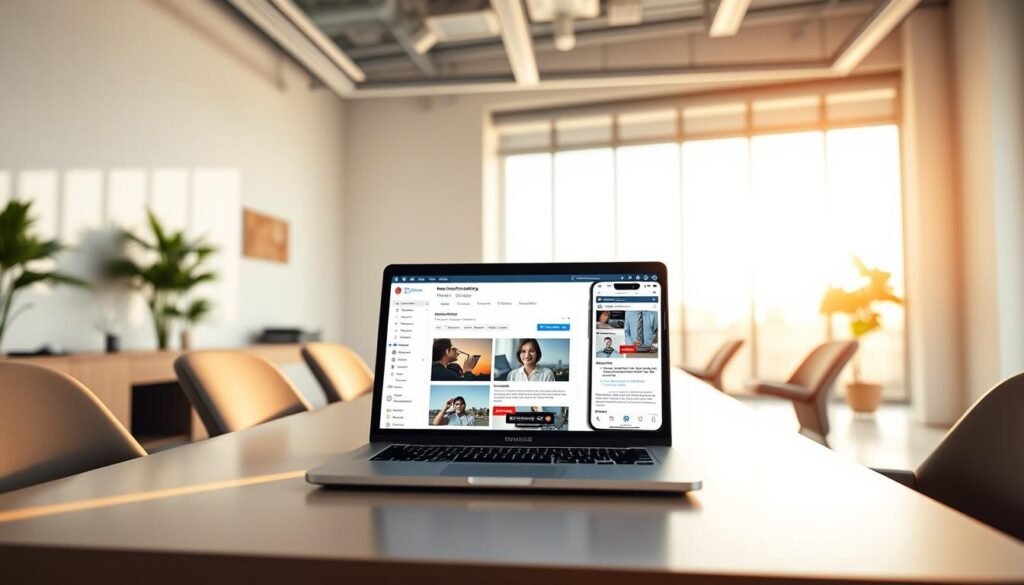 A sleek, modern office workspace with a laptop open to an email marketing dashboard. The foreground features a stylized email composition interface, with smooth, minimalist icons and clean typography. The middle ground showcases a responsive mobile device displaying an engaging email campaign. In the background, a large window floods the room with warm, natural light, casting soft shadows across the streamlined, ergonomic furniture. The overall atmosphere conveys a sense of efficiency, professionalism, and digital fluency, reflecting the "Engaging with Your Audience" theme.