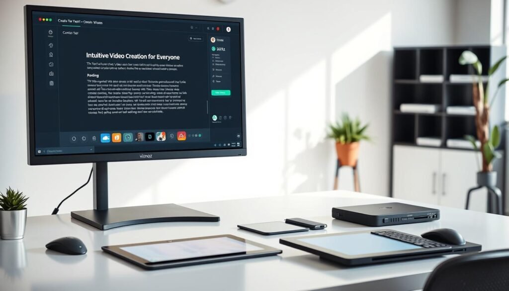 A sleek, modern workstation displaying a variety of intuitive text-to-video generation tools. The foreground features a large, high-resolution display showcasing a straightforward user interface with intuitive controls for video creation, editing, and rendering. The middle ground contains an array of input devices such as a stylus, tablet, and touchscreen, emphasizing the seamless integration of digital content creation. The background depicts a minimalist, well-lit office setting with clean lines, natural lighting, and a subtle color palette that reinforces the professional and accessible nature of the tools. The overall scene conveys a sense of effortless video production, making it an ideal visual representation for the "Vidnoz: Simplified Video Creation for Everyone" section of the article. A sleek, modern workstation displaying a variety of intuitive text-to-video generation tools. The foreground features a large, high-resolution display showcasing a straightforward user interface with intuitive controls for video creation, editing, and rendering. The middle ground contains an array of input devices such as a stylus, tablet, and touchscreen, emphasizing the seamless integration of digital content creation. The background depicts a minimalist, well-lit office setting with clean lines, natural lighting, and a subtle color palette that reinforces the professional and accessible nature of the tools. The overall scene conveys a sense of effortless video production, making it an ideal visual representation for the "Vidnoz: Simplified Video Creation for Everyone" section of the article.