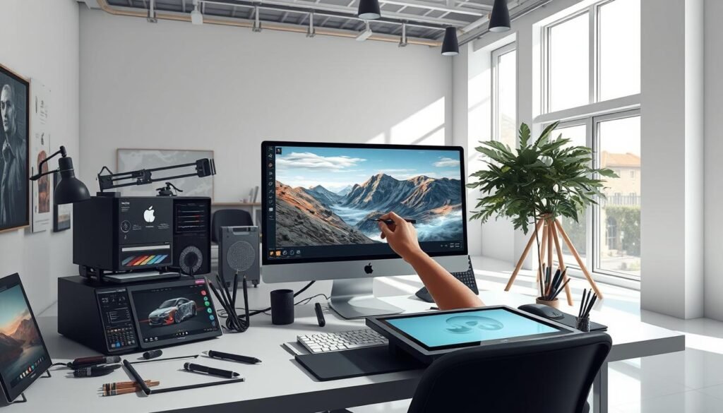 A stunning digital art illustration of an artist's workspace, showcasing the process of enhancing a MidJourney-generated image. The foreground features a powerful desktop computer with a high-resolution display, surrounded by a collection of digital drawing tablets, styluses, and other creative tools. In the middle ground, the artist's hands are meticulously manipulating the image, applying subtle adjustments, color corrections, and digital brushstrokes to refine the output. The background depicts a minimalist, well-lit studio environment, with clean white walls and a large window that allows natural light to flood the space, creating a serene and focused atmosphere. The overall scene conveys a sense of artistic mastery, technological prowess, and the pursuit of visual perfection. MidJourney Prompts A stunning digital art illustration of an artist's workspace, showcasing the process of enhancing a MidJourney-generated image. The foreground features a powerful desktop computer with a high-resolution display, surrounded by a collection of digital drawing tablets, styluses, and other creative tools. In the middle ground, the artist's hands are meticulously manipulating the image, applying subtle adjustments, color corrections, and digital brushstrokes to refine the output. The background depicts a minimalist, well-lit studio environment, with clean white walls and a large window that allows natural light to flood the space, creating a serene and focused atmosphere. The overall scene conveys a sense of artistic mastery, technological prowess, and the pursuit of visual perfection.