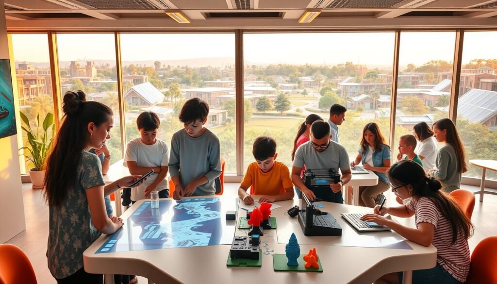 A vibrant, futuristic classroom setting with a diverse group of students engaged in hands-on, collaborative learning activities. The foreground features students of varying ages and backgrounds working together on interactive digital displays and 3D printing projects. The middle ground showcases a flexible, modular furniture arrangement that promotes fluid movement and discussion. In the background, a panoramic window overlooks a lush, eco-friendly campus with renewable energy sources and sustainable architecture. Warm, natural lighting filters through, creating a sense of openness and innovation. The overall atmosphere conveys a vision of alternative education models that empower learners, foster creativity, and prepare them for the challenges of the 21st century.