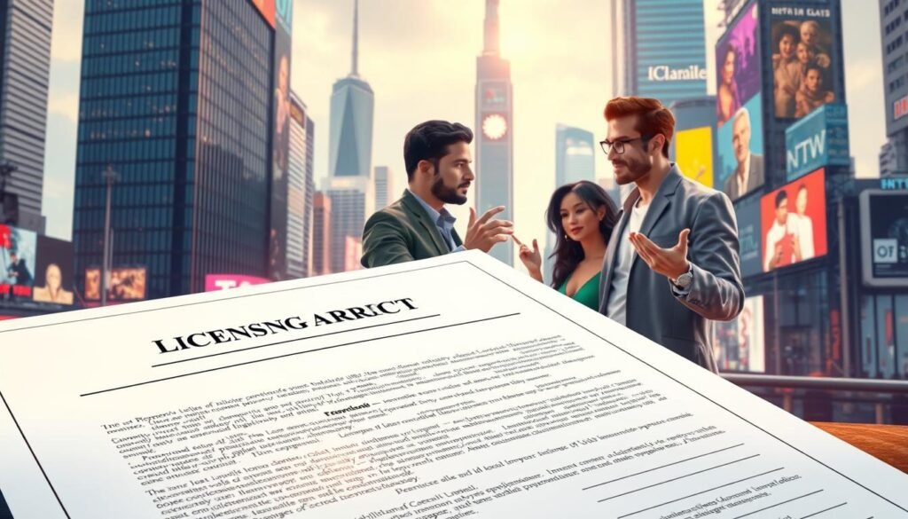 A vibrant, photorealistic illustration of various licensing opportunities in the digital art space. The foreground features a stylized contract document with intricate details, conveying the legal and commercial aspects of licensing. In the middle ground, a trio of diverse digital artists collaborate, gesturing animatedly as they negotiate terms. The background showcases a sleek, futuristic cityscape with towering skyscrapers, neon-lit billboards, and a sense of innovation and technological advancement. The lighting is a balanced mix of natural daylight and warm, glowing artificial illumination, creating a dynamic and professional atmosphere. The overall scene exudes a sense of opportunity, creativity, and the promising future of the AI art licensing industry.