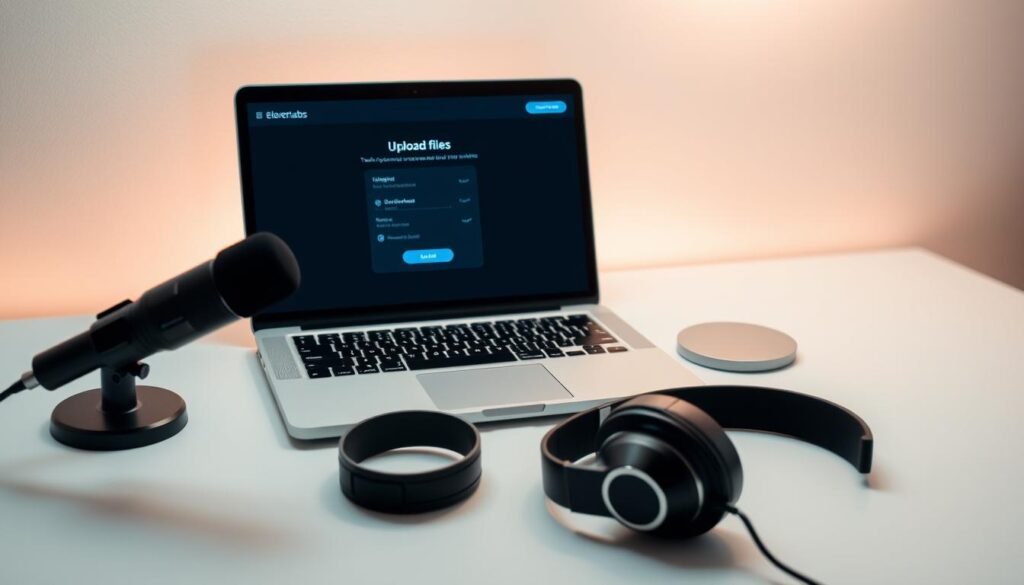 A well-lit and neatly organized desk with a sleek laptop, a high-quality microphone, and a pair of professional-grade headphones. The laptop screen displays the ElevenLabs audio upload interface, with clear and intuitive controls for uploading audio files. The desk has a clean, minimalist aesthetic, with a subtle gradient background that creates a sense of depth and focus on the central elements. The lighting is soft and diffused, casting a warm, inviting glow on the setup. The overall atmosphere conveys a sense of professionalism, attention to detail, and a smooth, efficient audio upload process. A well-lit and neatly organized desk with a sleek laptop, a high-quality microphone, and a pair of professional-grade headphones. The laptop screen displays the ElevenLabs audio upload interface, with clear and intuitive controls for uploading audio files. The desk has a clean, minimalist aesthetic, with a subtle gradient background that creates a sense of depth and focus on the central elements. The lighting is soft and diffused, casting a warm, inviting glow on the setup. The overall atmosphere conveys a sense of professionalism, attention to detail, and a smooth, efficient audio upload process.
