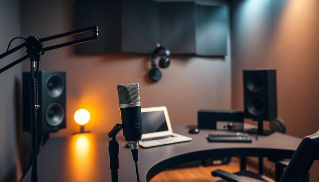A well-lit, professional-grade recording studio with state-of-the-art equipment. In the foreground, a high-quality microphone on a sturdy stand, positioned in front of a sleek, minimalist desk with a laptop and various audio interface controls. Subtle ambient lighting casts a warm, focused glow, creating an atmosphere of focused productivity. In the middle ground, a pair of studio-grade headphones hang neatly, ready for the voice actor's use. The background features a sound-absorbing panel wall, creating a clean, distraction-free environment ideal for voice recording and model training. The overall scene conveys a sense of precision, attention to detail, and the high-quality setup required for effective voice model training. A well-lit, professional-grade recording studio with state-of-the-art equipment. In the foreground, a high-quality microphone on a sturdy stand, positioned in front of a sleek, minimalist desk with a laptop and various audio interface controls. Subtle ambient lighting casts a warm, focused glow, creating an atmosphere of focused productivity. In the middle ground, a pair of studio-grade headphones hang neatly, ready for the voice actor's use. The background features a sound-absorbing panel wall, creating a clean, distraction-free environment ideal for voice recording and model training. The overall scene conveys a sense of precision, attention to detail, and the high-quality setup required for effective voice model training.