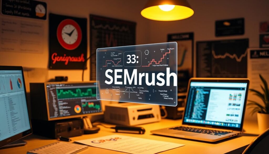ai keyword tools A workspace filled with data visualizations, a laptop displaying a topic modeling algorithm, and a holographic representation of the article's section title "3: SEMrush" hovering above. Warm lighting illuminates the scene, creating a sense of focus and analytical depth. The layout is clean and uncluttered, allowing the key elements to shine. The overall mood is one of insightful exploration, with the topic modeling process taking center stage as the primary subject.