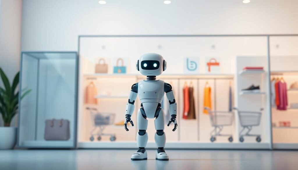 An e-commerce chatbot stands at the center, a digital concierge in a sleek, minimalist interface. The bot's avatar is an abstract geometric shape, conveying a sense of modern, efficient automation. In the background, a stylized representation of an online store unfolds, with product images, shopping carts, and transaction icons hovering in a clean, organized layout. Soft, diffused lighting illuminates the scene, creating a sense of warmth and approachability. The overall atmosphere is one of streamlined, user-friendly e-commerce, where the chatbot seamlessly guides the customer through the shopping experience.