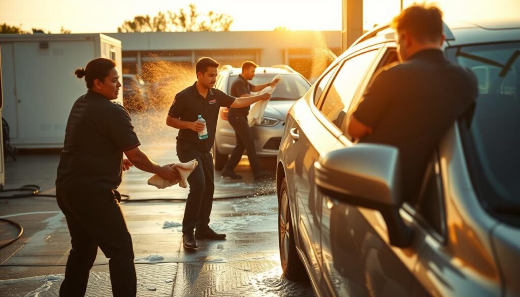Prompt A bustling mobile car wash crew at work, captured in a crisp, documentary-style photo. In the foreground, two employees diligently scrubbing the exterior of a gleaming sedan, their movements choreographed with practiced efficiency. In the middle ground, another worker drying a freshly washed SUV, using a high-quality microfiber cloth. In the background, a third team member polishing the wheels of a compact car, the sun's rays reflecting off the shiny chrome. The scene is bathed in warm, golden afternoon light, conveying a sense of productivity and professionalism as the mobile car wash staff expand their business. Prompt A bustling mobile car wash crew at work, captured in a crisp, documentary-style photo. In the foreground, two employees diligently scrubbing the exterior of a gleaming sedan, their movements choreographed with practiced efficiency. In the middle ground, another worker drying a freshly washed SUV, using a high-quality microfiber cloth. In the background, a third team member polishing the wheels of a compact car, the sun's rays reflecting off the shiny chrome. The scene is bathed in warm, golden afternoon light, conveying a sense of productivity and professionalism as the mobile car wash staff expand their business.