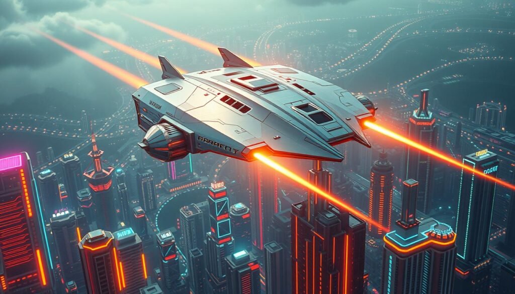Retro-futuristic AI art piece showcasing a sleek, metallic spacecraft hovering above a vibrant, neon-tinged cityscape. The craft's angular design and gleaming chrome exterior evoke a bygone era's vision of the future, while the bustling metropolis below combines retro aesthetics with cutting-edge technology. Warm rays of light spill from the craft's thrusters, casting dramatic shadows across the futuristic skyscrapers. A sense of wonder and technological optimism permeates the scene, inviting the viewer to imagine the endless possibilities of this retro-inspired, AI-generated world. Retro-futuristic AI art piece showcasing a sleek, metallic spacecraft hovering above a vibrant, neon-tinged cityscape. The craft's angular design and gleaming chrome exterior evoke a bygone era's vision of the future, while the bustling metropolis below combines retro aesthetics with cutting-edge technology. Warm rays of light spill from the craft's thrusters, casting dramatic shadows across the futuristic skyscrapers. A sense of wonder and technological optimism permeates the scene, inviting the viewer to imagine the endless possibilities of this retro-inspired, AI-generated world.
