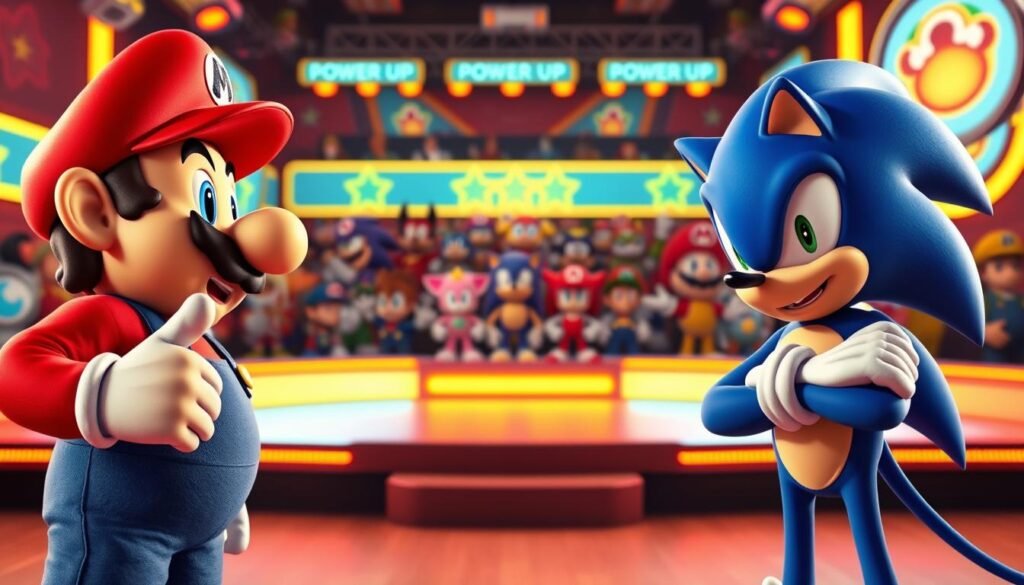 Two iconic video game characters, Mario and Sonic, engaged in a lively comedic debate. In the foreground, Mario gestures emphatically, his mustache twitching as he makes his case, while Sonic, arms crossed, leans back with a confident smirk, ready to fire back a witty retort. The middle ground is a stylized, brightly-lit stage, with retro video game elements like pixelated power-ups and glowing neon accents, creating a vibrant, playful atmosphere. In the background, a cheering crowd of iconic game characters from their respective franchises adds to the sense of friendly rivalry. The scene is captured with a slightly elevated camera angle, lending a dynamic, cinematic feel to the composition. Two iconic video game characters, Mario and Sonic, engaged in a lively comedic debate. In the foreground, Mario gestures emphatically, his mustache twitching as he makes his case, while Sonic, arms crossed, leans back with a confident smirk, ready to fire back a witty retort. The middle ground is a stylized, brightly-lit stage, with retro video game elements like pixelated power-ups and glowing neon accents, creating a vibrant, playful atmosphere. In the background, a cheering crowd of iconic game characters from their respective franchises adds to the sense of friendly rivalry. The scene is captured with a slightly elevated camera angle, lending a dynamic, cinematic feel to the composition.