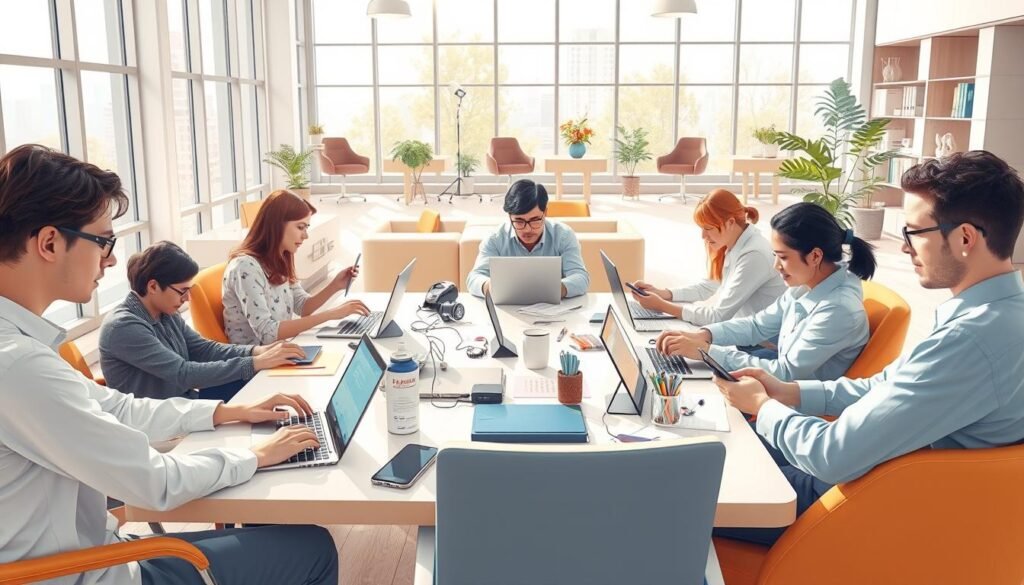a highly detailed, realistic digital illustration of people conducting user testing on various digital devices such as laptops, tablets, and smartphones in a bright, airy office environment with large windows, modern furniture, and an abundance of natural light. The testers are focused intently on their tasks, surrounded by a variety of user research tools and equipment. The scene conveys a sense of productivity, collaboration, and a commitment to understanding user needs and experiences. The lighting is soft and even, creating a warm, inviting atmosphere. The camera angle is slightly elevated, providing a comprehensive view of the workspace.