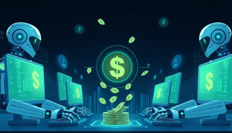 AI tools for passive income in 2025 showing robots working on multiple income streams