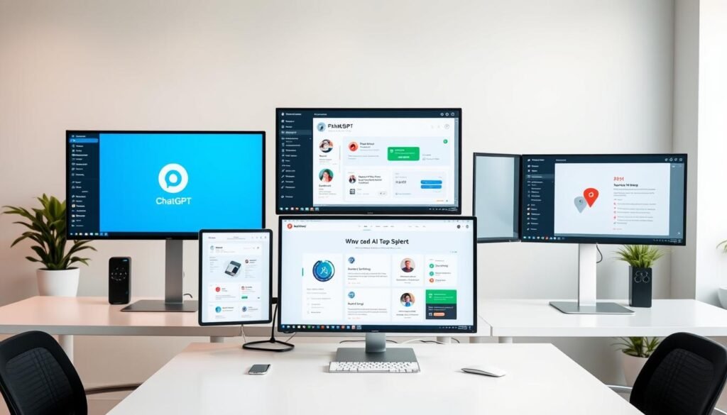 Collection of top AI tools for passive income displayed on multiple screens