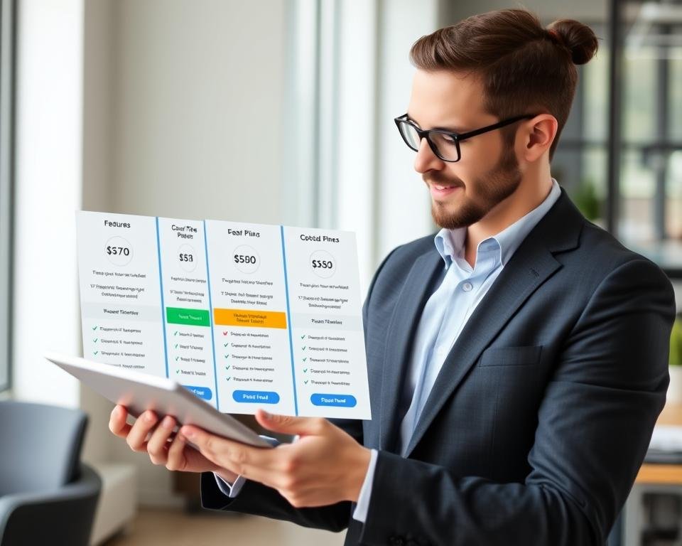 Person comparing AI website builder pricing plans on a tablet Person comparing AI website builder pricing plans on a tablet